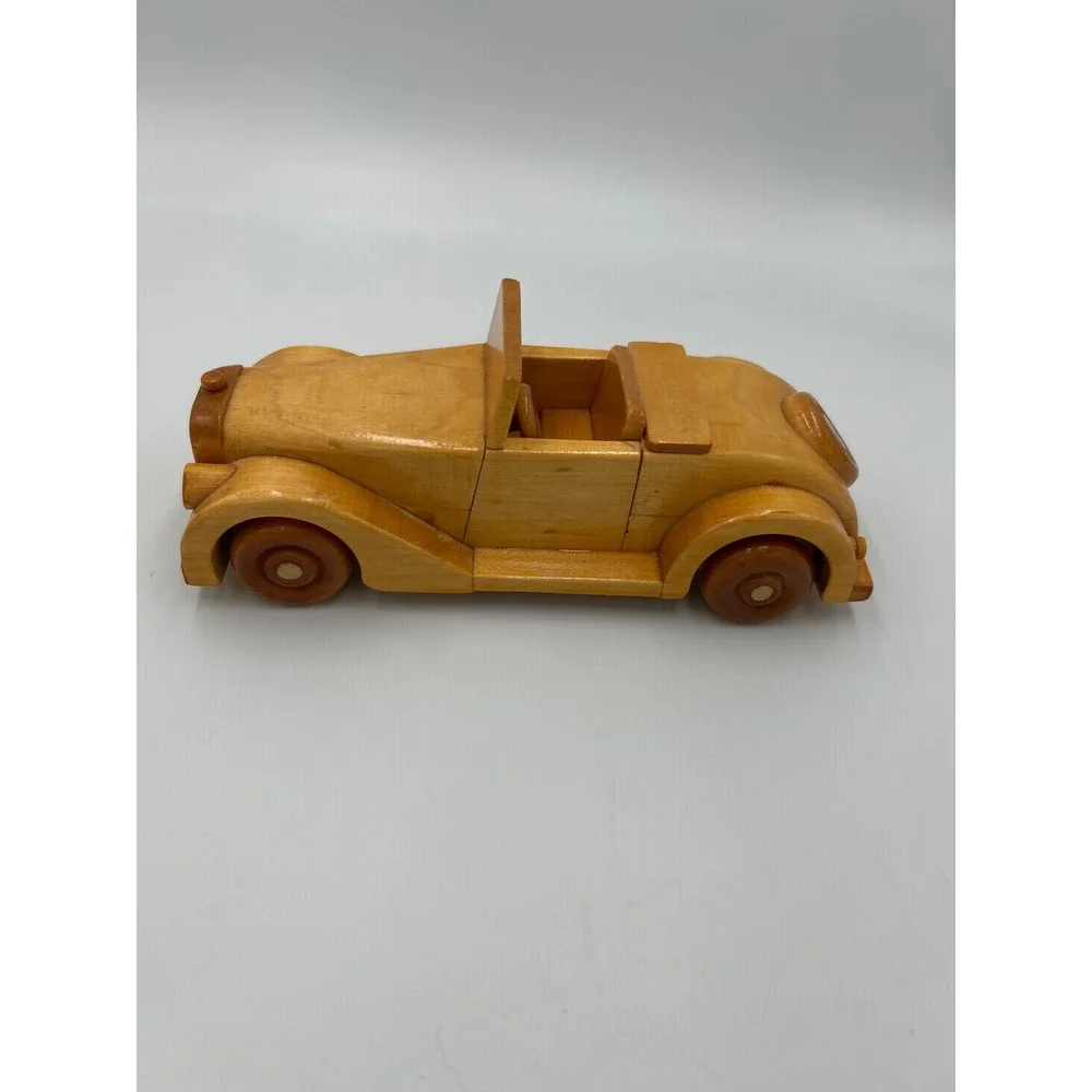 Vintage Handcrafted Wooden Convertible Roadster Model Car Natural Finish Toy
